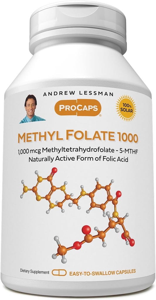 ANDREW LESSMAN Metil Folate 1000 mg - 240 Capsules - 1000 mcg L-Methyl Folate, Potent Levels of Essential Vitamin B9. Supports Health Heart, Brain, Immune ve Hamile. Swallow Capsules kolay