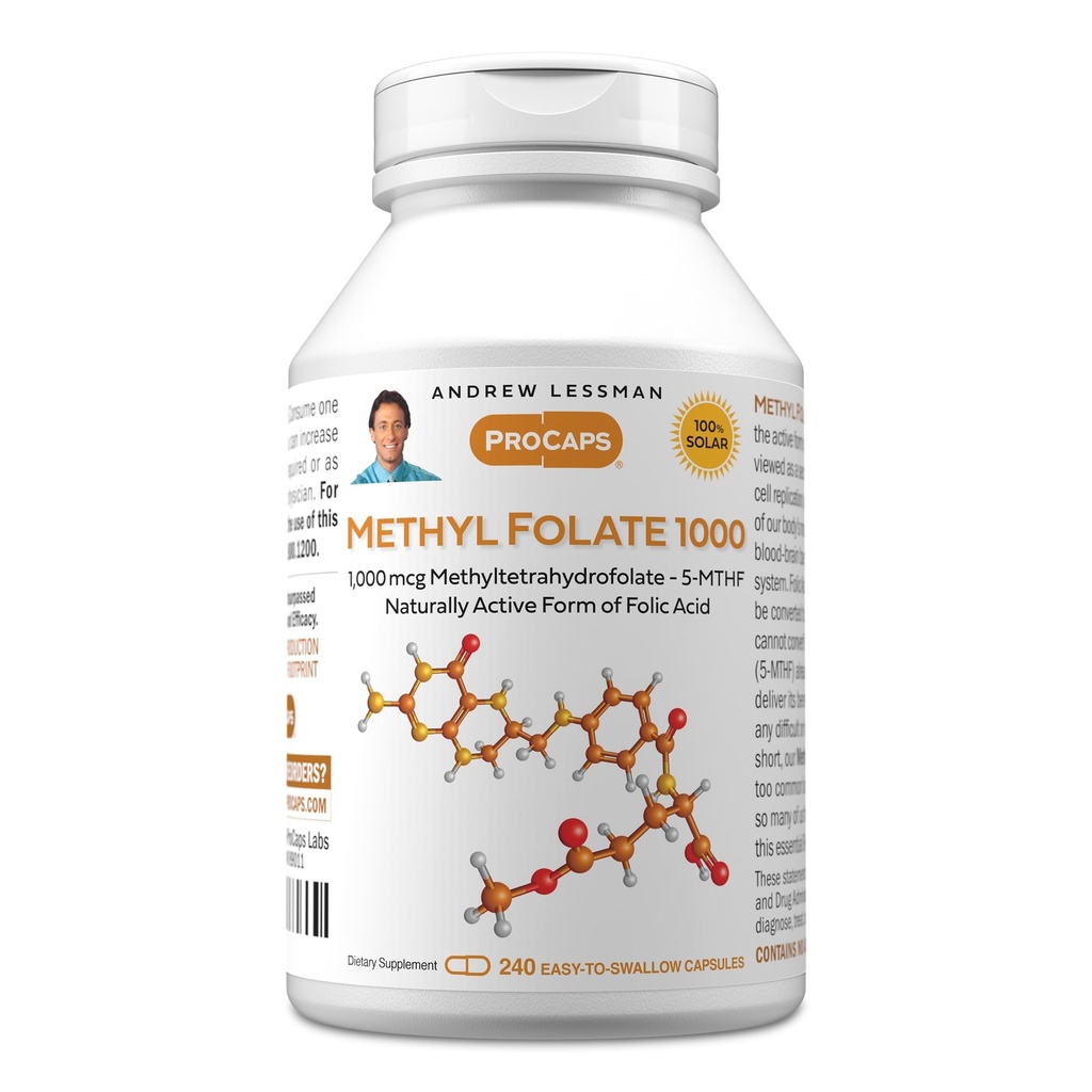 ANDREW LESSMAN Metil Folate 1000 mg - 240 Capsules - 1000 mcg L-Methyl Folate, Potent Levels of Essential Vitamin B9. Supports Health Heart, Brain, Immune ve Hamile. Swallow Capsules kolay