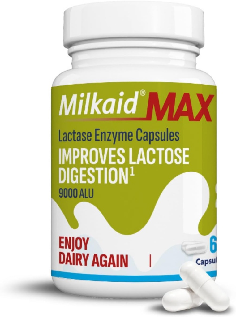 Milkaid Max Κάψουλες για δυσανεξία στη λακτόζη Ανακούφιση με ένζυμο Lactase, Συμπλήρωμα Διατροφής για να βοηθήσει στην πρόληψη του αερίου, Bloating & Διάρροια Λόγω της ευαισθησίας στη λακτόζη 