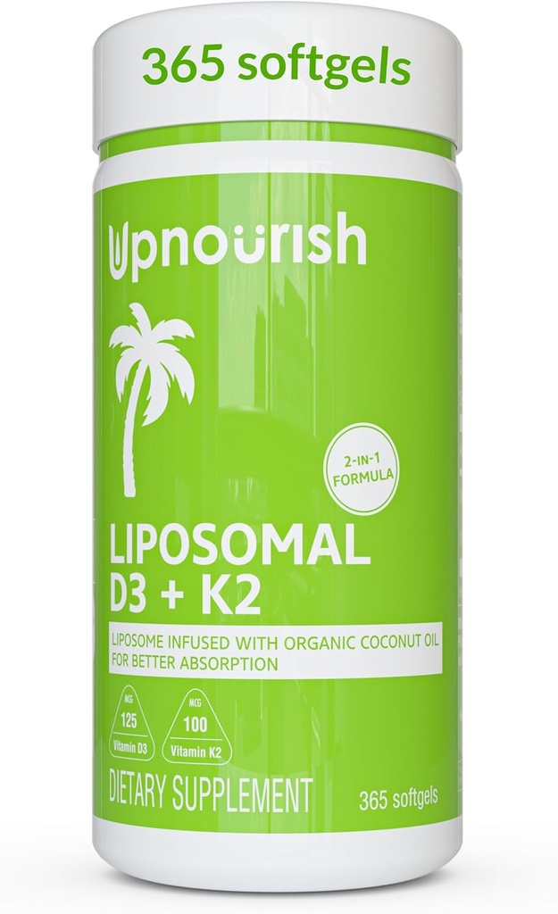 UpNourish Liposomal D3 & K2 MK-7, Προηγμένη Απορρόφηση για Βέλτιστη Οστική και Ανοσολογική Υγεία, Προμήθειες 5000 IU 125 mcg Βιταμίνη D3 και 100 mcg Βιταμίνη k2 με Βιολογικό Λάδι Καρύδας, 365 Mini softgels