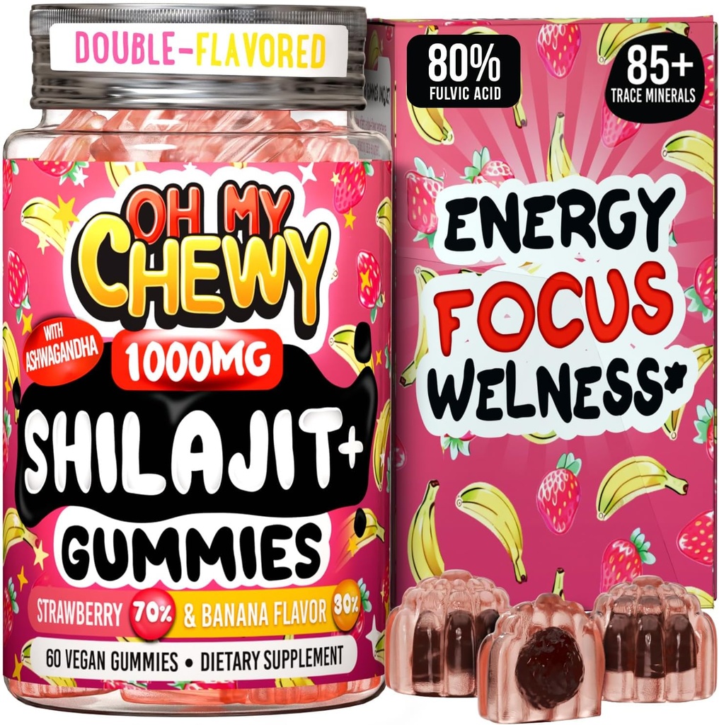 Pure Himalayan Shilajit Gummies - Υψηλής ισχύος Gold Grade Resin - Ενέργεια Boost και ανοσοποιητική υποστήριξη για άνδρες και γυναίκες με Ashwagandha και Shatavari - 60 Gummy - Φράουλα & Μπανάνα