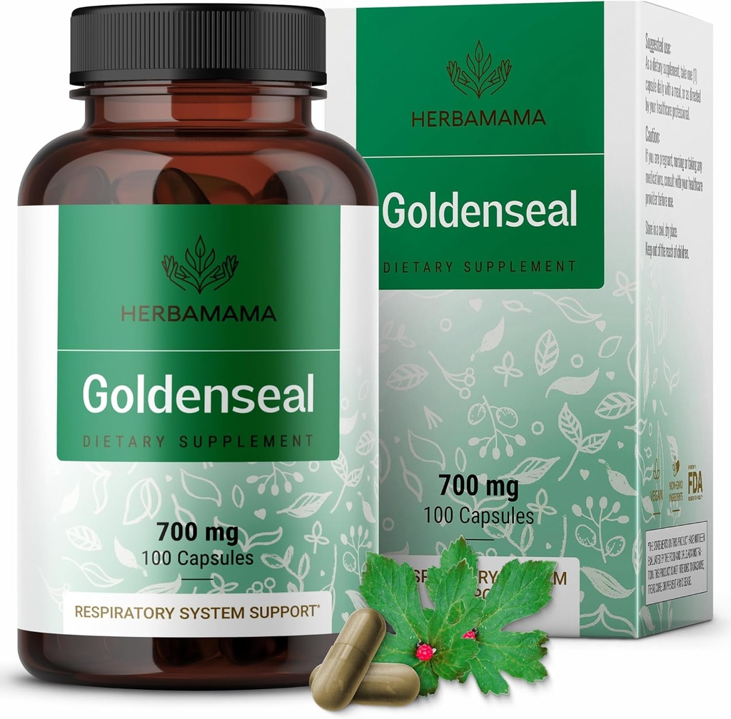 HERBAMAMA Goldenseal Root Capsules 700 mg - Respiratory System & Immune Support with Goldenseal Toz Supplement - Vegan, Non-GMOMO