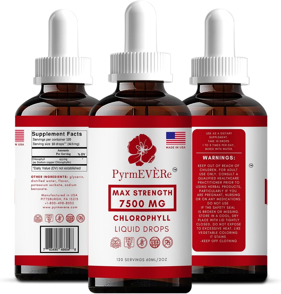 PyrmEVERe Chlorophyll Liquid Drops -Made in USA, Mint Flavor, Liquid Chlorophyll | Enerji ATM, Immune Support, Natural Deodorant, Altitude Hastaness | Non GMO & Vegan - 120 Servisler