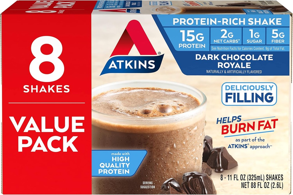 Atkins Gluten Free Protein-Rich Shake, Dark Chocolate Royale, Keto-Friendly, 8 Count (Pack of 1)