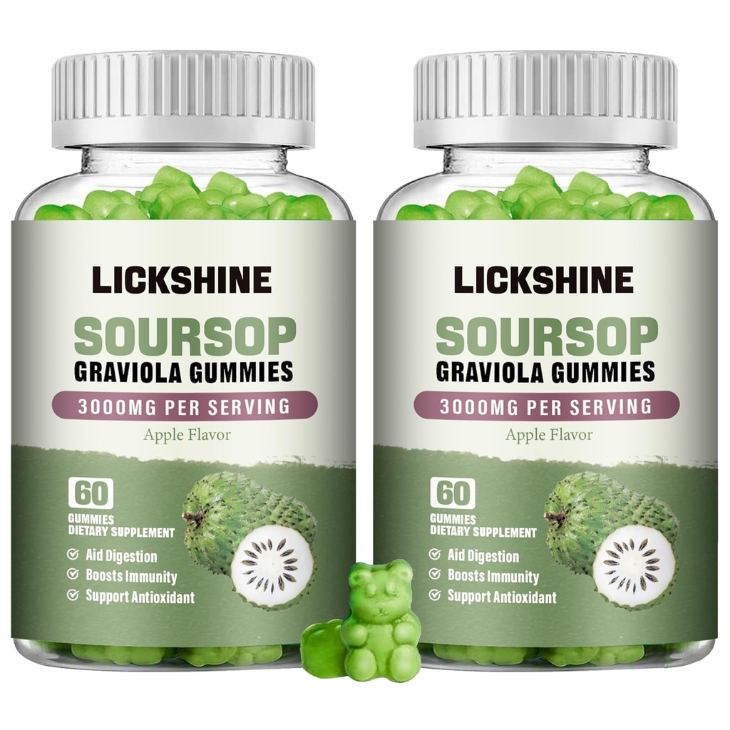 lickshine 2 Pack Soursop Graviola Gummies - 3000mg Extra Strength Soursop Leaves Supplement with Vitamin C, Zinc - Digestive Aid, Immune Support & Antioxidant - Sugar-Free, Non-GMO, Vegan, 120 Counts