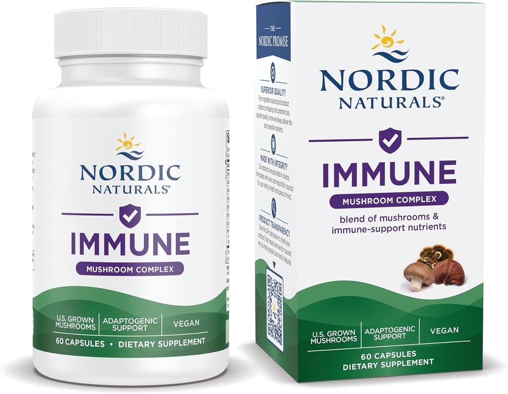 Nordic Naturals Immune Mushroom Complex, Unflavored - 60 Capsules - Adaptogenic Support - Multi-Mushroom Blend - Optimal Wellness - Non-GMO - Certified Vegan - 30 Servings
