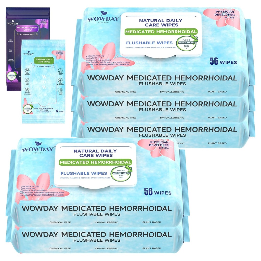 Flushable Hemorrhoid Wipes | Medicated Witch Hazel Wipes Ph Balanced | 304 Kont Fragrance Free Adult Hemorrhoid Treatment Witch Hazels Wipe for Butt Itch Relief Soothing