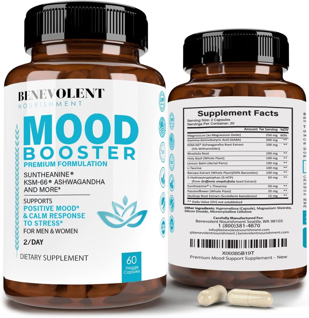 Calm Moodfun Supplement - Doğal Mutlu Pills Stres, Uyku ve Mood Destek - Patentli KSM-66® Ashwagandha & Suntheanine® L-Theanine, Rhodiola Rosea, Magnezyum - 60 Count