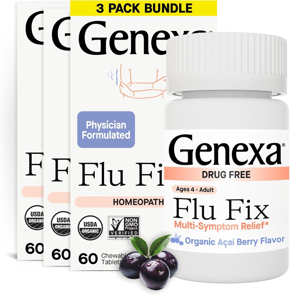 Genexa Flu Fix | Multi-Symptom Flu Remedy for Kids & Adults | Delicious Organic Acai Berry Flavor | Certified Organic & Non-GMO | Homeopathic Remedy Made Clean | 180 Chewable Tablets (3 Pack)