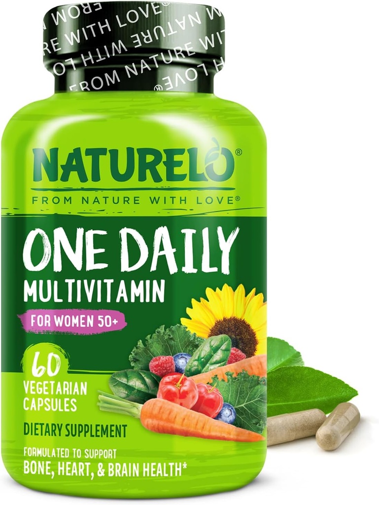 NATURELO Μια καθημερινή πολυβιταμίνη για τις γυναίκες 50+ (Δωρεάν Iron) - Υποστήριξη για την εμμηνόπαυση για τις γυναίκες άνω των 50 - ολόκληρο συμπλήρωμα διατροφής - Μη-ΓΤΟ - Χωρίς σόγια - 60 κάψουλες - 2 μήνες προσφοράς