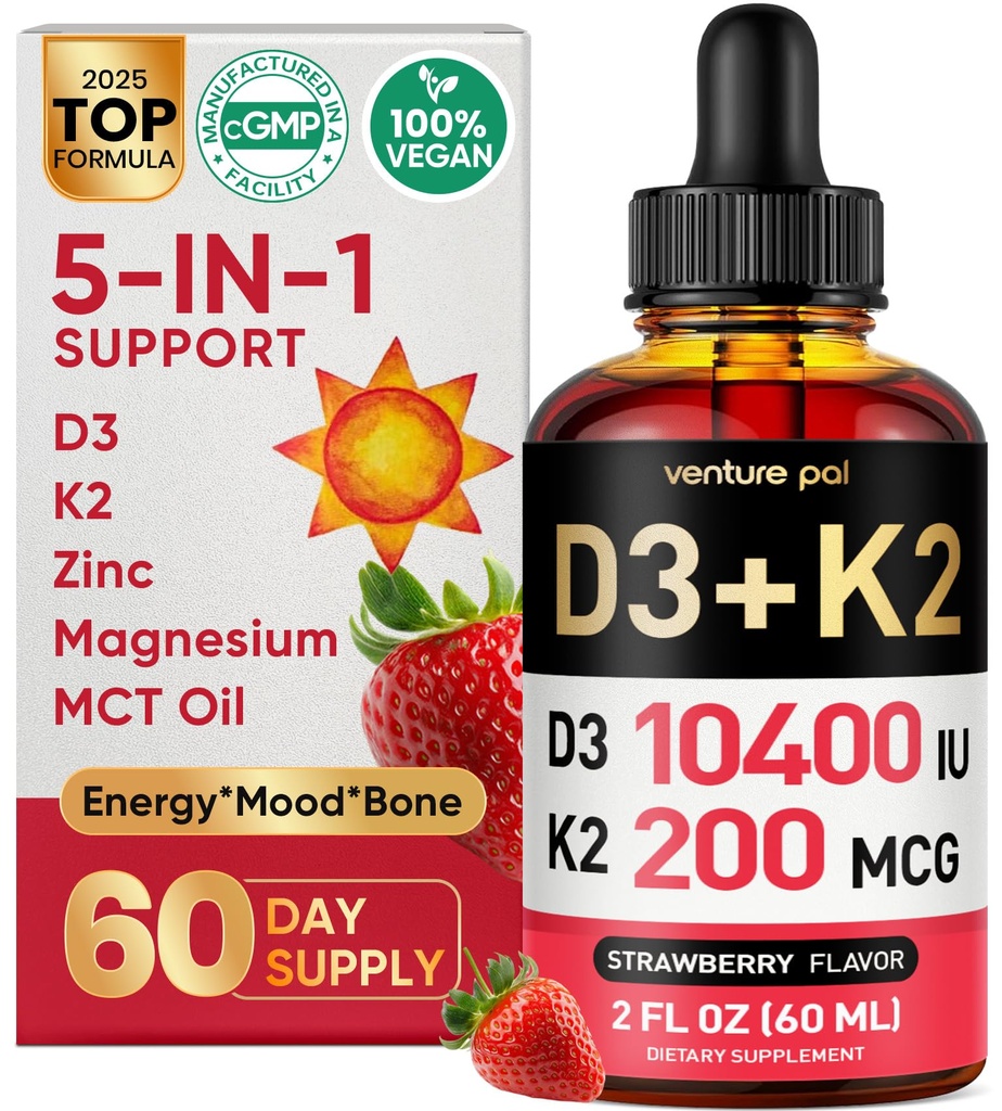 Venture Pal 5-σε-1 Βιταμίνη D3 10000 IU & K2 ως MK-7 200mcg με μαγνήσιο, MCT Oil, ψευδάργυρος, ζάχαρη-ελεύθερο βιταμίνη D Liquid 