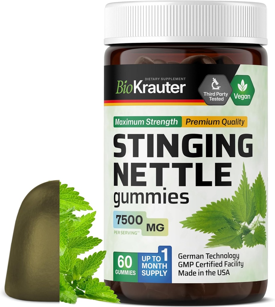 BIO KRAUTER Nettle Gummies - 7500 mg Güçlü - 60 Chews - Nettle 10:1 Ekstraksiyon - Urinary Support Supplement - Vegan Gummies Gelatin-Free Formula