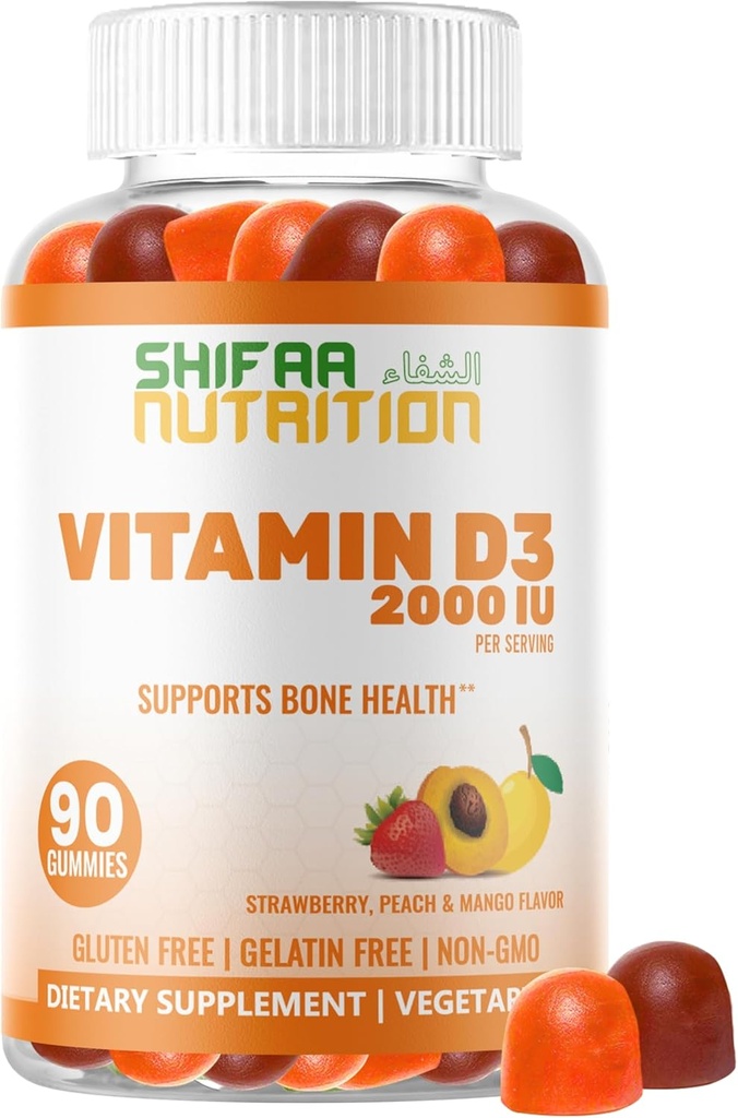 SHIFAA NUTRITION Vejetaryen Vitamin D3 yetişkinler ve Çocuklar için Gummies | 45-90 Servisler, 2.000IU / 1000IU | Non-GMO, Gluten-Free, Gelatin-Free | Supports Bones, Muscles & Immune System Halals