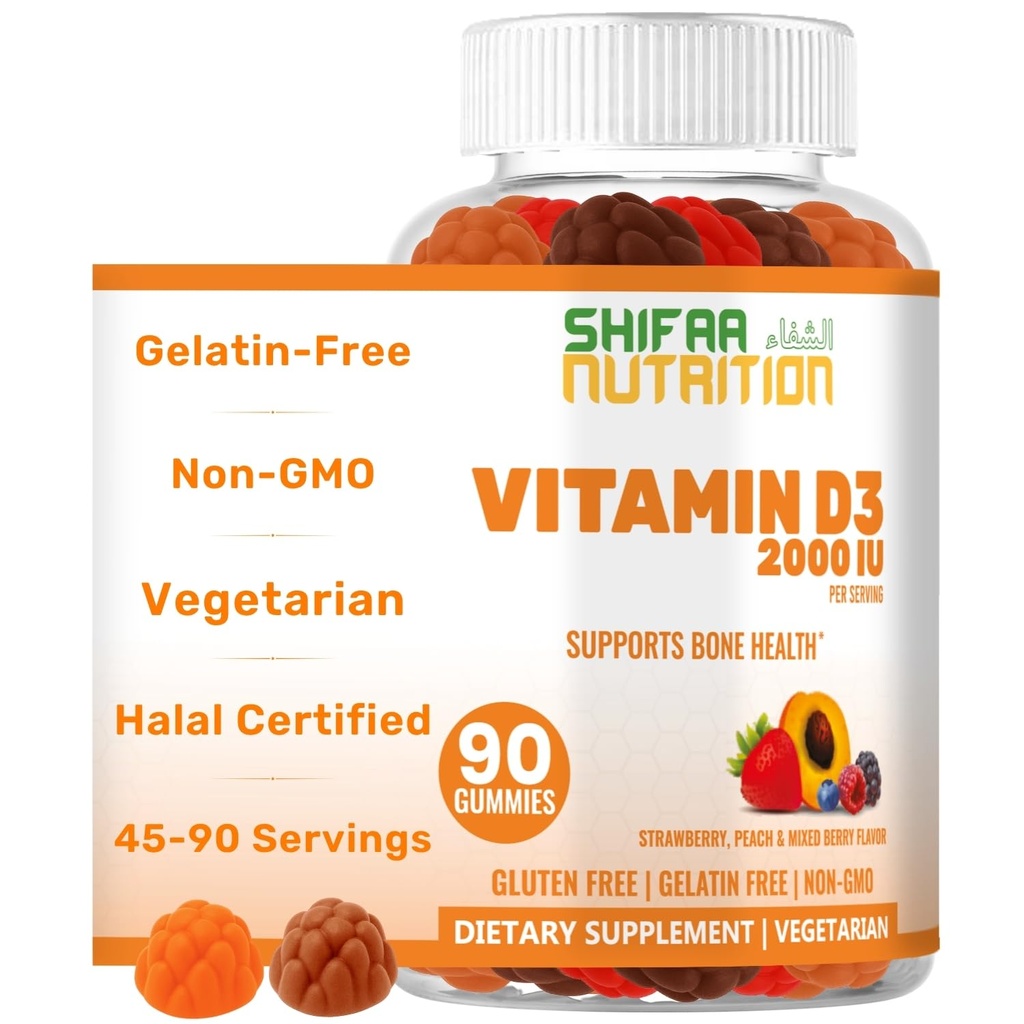 SHIFAA NUTRITION Vejetaryen Vitamin D3 yetişkinler ve Çocuklar için Gummies | 45-90 Servisler, 2.000IU / 1000IU | Non-GMO, Gluten-Free, Gelatin-Free | Supports Bones, Muscles & Immune System Halals