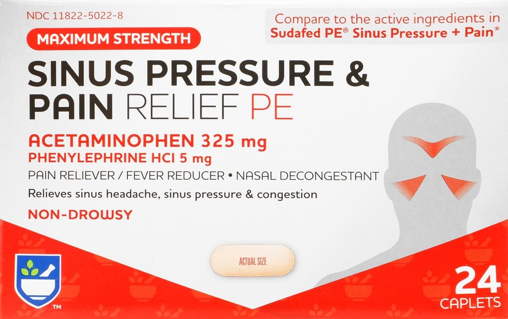 Rite Aid Sinus Basınç ve Ağrı Reliever PE, Non-Drowsy - 24 Tabletler | Sinus Yardım | Ağrı Yardımı | Nasal Decongestant | Yetişkinler için Soğuk Tıp | Alerjiler Yardım | Mucus Relief | Mucus Relief |