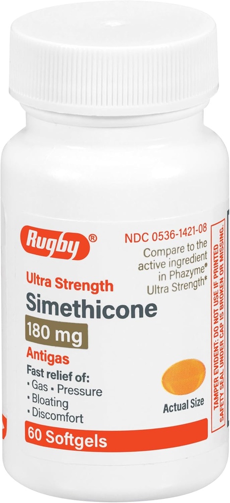 Rugby Ultra Strength Simethicone Gas Relief 180 mg - Μέγιστη Αρωγή Αερίου για Ενήλικες - Μπορεί να βοηθήσει με τα συμπτώματα της Μετεωρικότητας, Bloating, Gas Fullness - 60 Softgels (1 Pack)