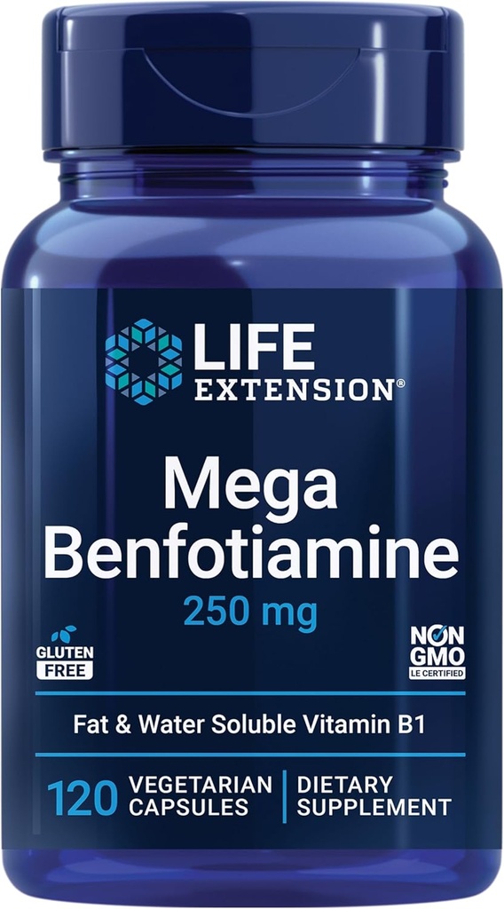 Επέκταση ζωής Mega Benfotiamine, 250 mg, μια λιποδιαλυτή μορφή θειαμίνης, Υγιής Μεταβολισμός, Υπερβιοδιαθέσιμη βιταμίνη Β1, υψηλή ισχύς, χωρίς γλουτένη, μη ΓΤΟ, χορτοφάγοι, 120 κάψουλες