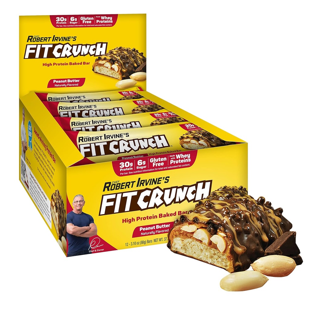 FITCRUNCH Tam Boyut Protein Barlar, 6-Layer Baked Bar, 6g of Sugar, Gluten Free & Soft Kek Core (12 Bars, Peanut Butter)