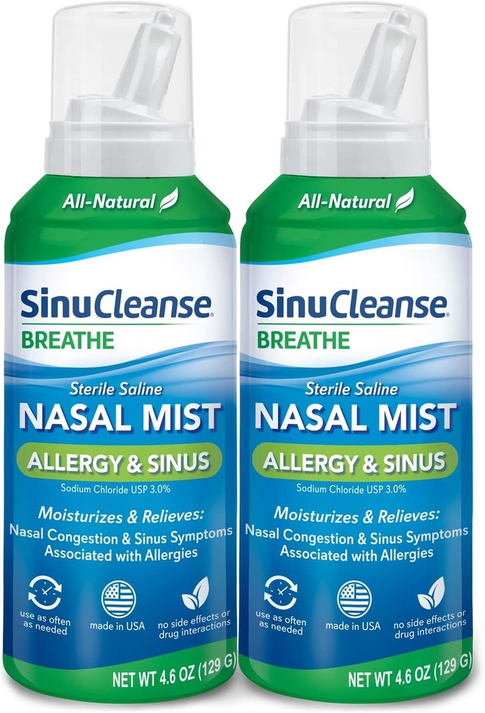 SinuCleanse Αλλεργία & Sinus Αποστειρωμένο Nasal Spray, Ultra Fine Mist, Αμέσως Ενυδατώνει & Ανακουφίζει Σοβαρή Ρινική Συμφόρηση Λόγω Αλλεργιών, 4.6 Oz (2 Pack), Κατασκευασμένο στις ΗΠΑ
