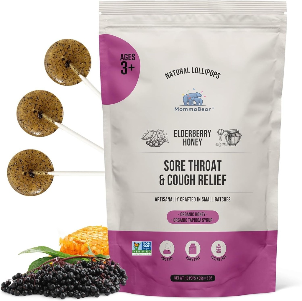 MommaBear Natural Sore Throat Relief Lollipops – Elderberry & Honey Kids Cough Lollipoplar – Organik Cough Kids Lolli Treats, No Yapay Katkılar – Darly Sealed for Freshness (10 Pack)