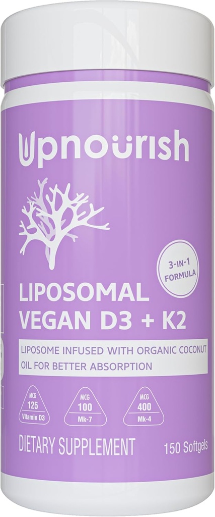 UpNourish sertifikalı Vegan D3 5000 IU K2 MK4 MK7 500 mcg Supplement, 150 Softgels, Plant Based Liposomal Vitamin D K with Organic Coconut Oil, Non GMO, Gluten ve Gelatin Free