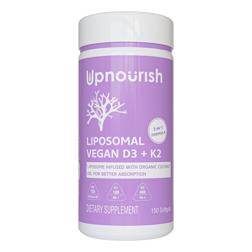 UpNourish sertifikalı Vegan D3 5000 IU K2 MK4 MK7 500 mcg Supplement, 150 Softgels, Plant Based Liposomal Vitamin D K with Organic Coconut Oil, Non GMO, Gluten ve Gelatin Free