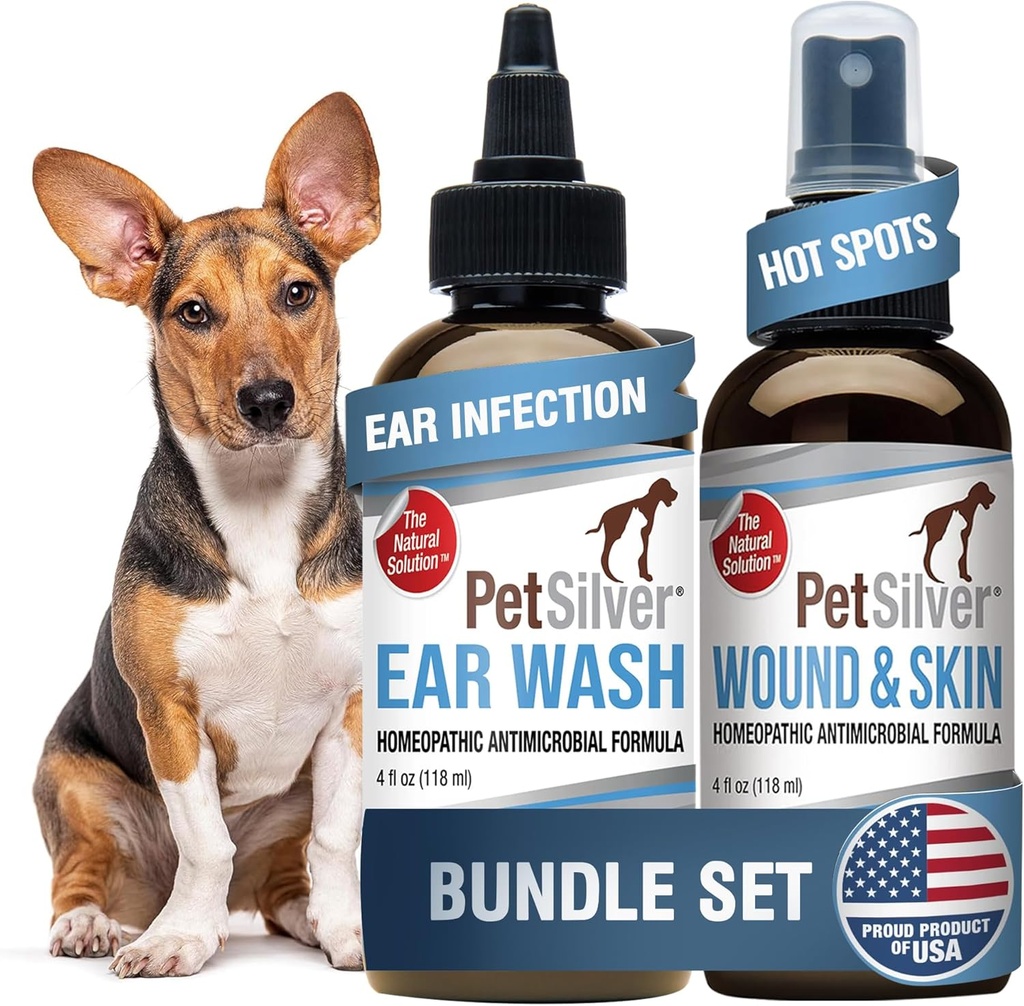 PetSilver - Σπρέι Τραυμάτων & Δέρμα (4 fl oz) και Ear Wash (8 fl oz) με πατενταρισμένο Χηλικό Ασημί - Περιποίηση Τραυμάτων, Hot Spot, & Itch Relief Spray - Καθαριστικό Αυτιών & Θεραπεία για Γάτες και Σκύλους - Made in USA