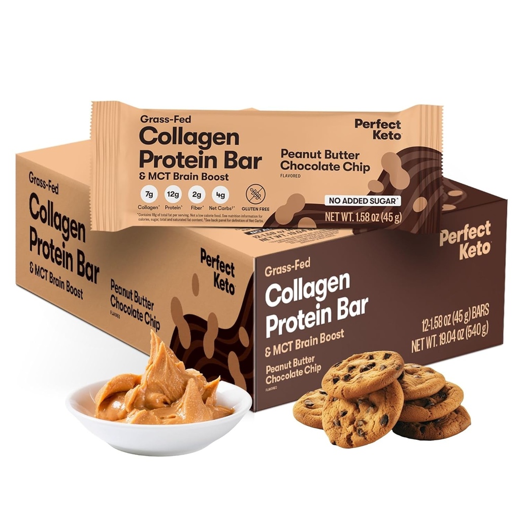 Mükemmel Keto Collagen Protein Bar, Gluten Free Grass Fed Collagen + MCT Petrol, Low Carb, Hayır Şeker eklendi, Yüksek Protein Snacks, Keto Diyet Gıdaları, 13g Protein, 18g Fat, 3g Net Carbs, Peanut Butter Chip Chocolate, 12 Bars