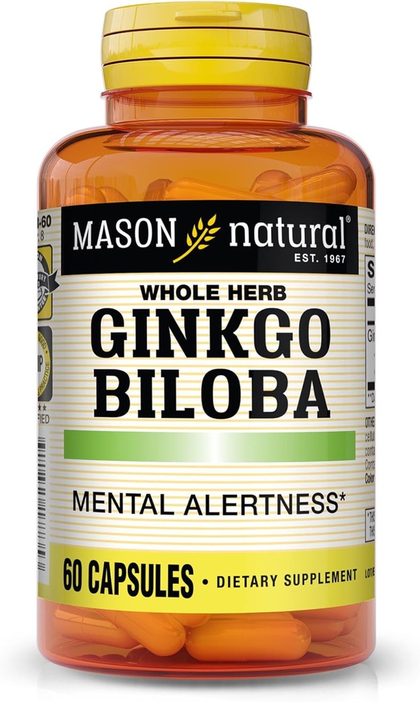 Mason Natural Ginkgo Biloba, 1 Ay Supply, Zihinsel Uyarılık ve Destek Optimal Beyin Fonksiyonlarını Geliştirmeye yardımcı olur, 60 Capsules