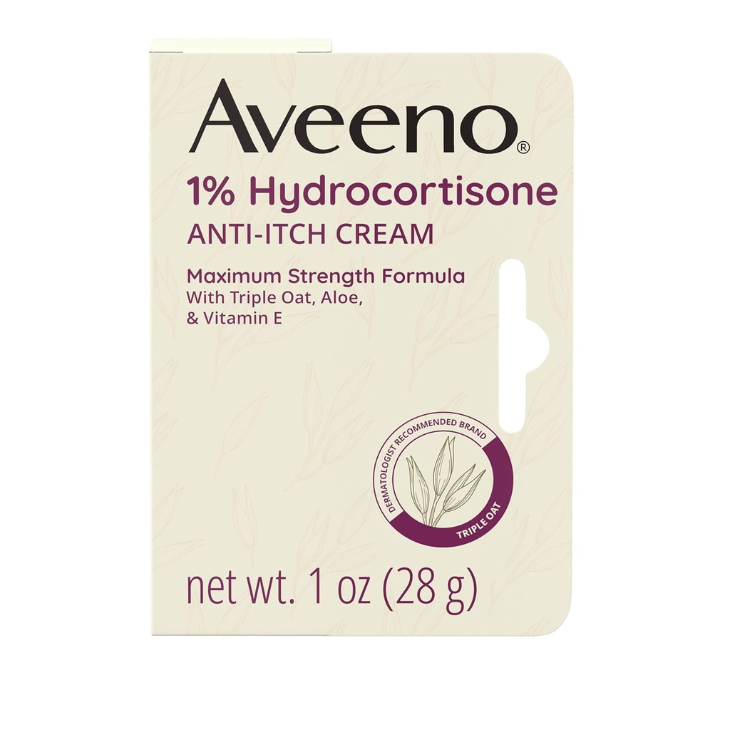 Aveeno μέγιστη δύναμη 1% Hydrocortisone Anti-Itch Cream, τριπλή βρώμη, αλόη & βιταμίνη Ε για ανακούφιση από το κρακ από το έκζεμα, Ψωρίαση, Εντομικά τσιμπήματα, Δηλητήριο κισσό, Oak & Sumac & Απορρυπαντικά, 1 oz, 2 συσκευασία
