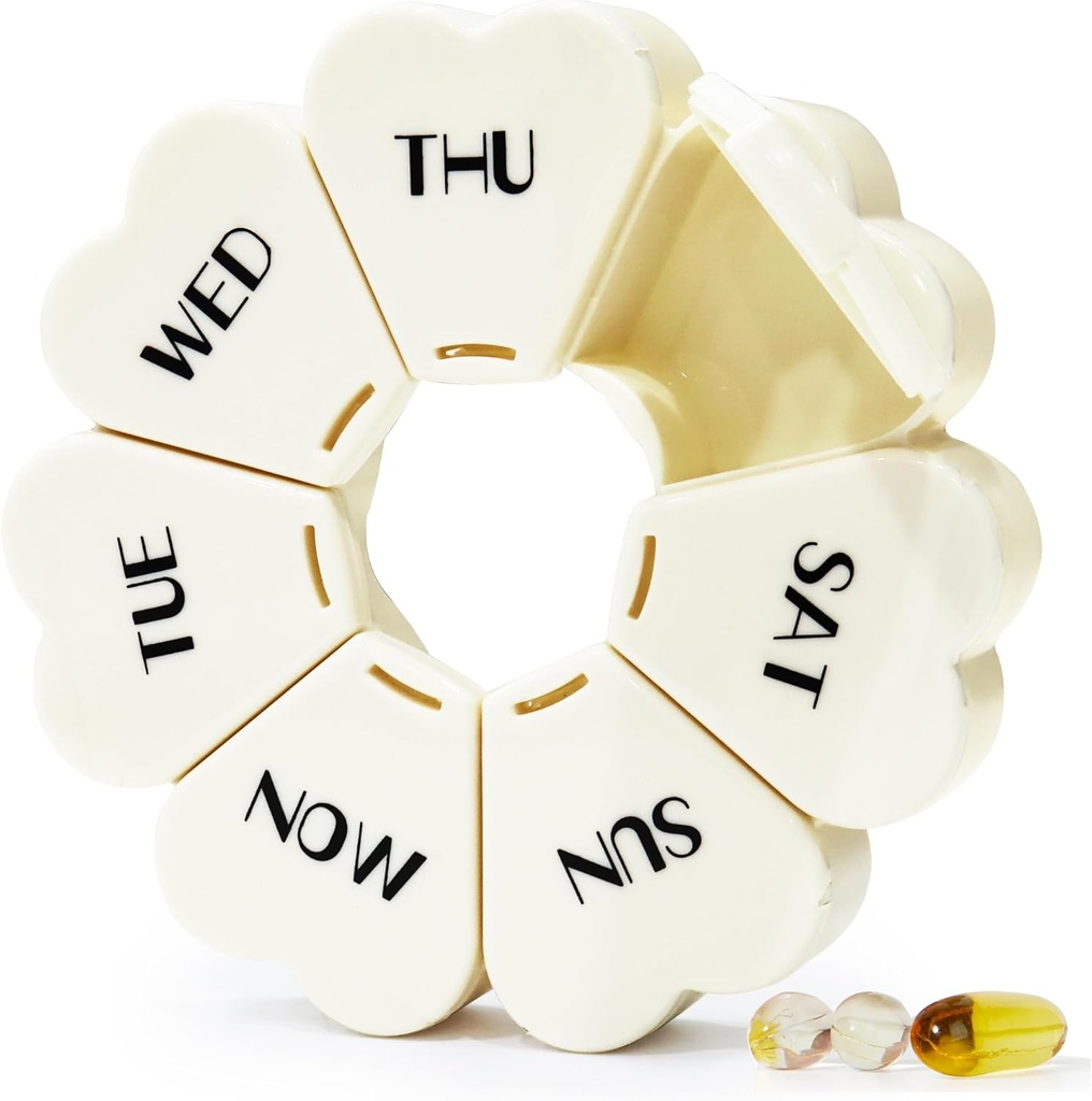 MOLN HYMY Büyük Pi Weekly Box 7 Gün, Cute Pill Case Organizer 1 gün bir gün, Floral Pill Konteyner Bir kez Günlük, Pretty Tıp Vitamini / Fish Oil /Medication /Supplements (Milky White)
