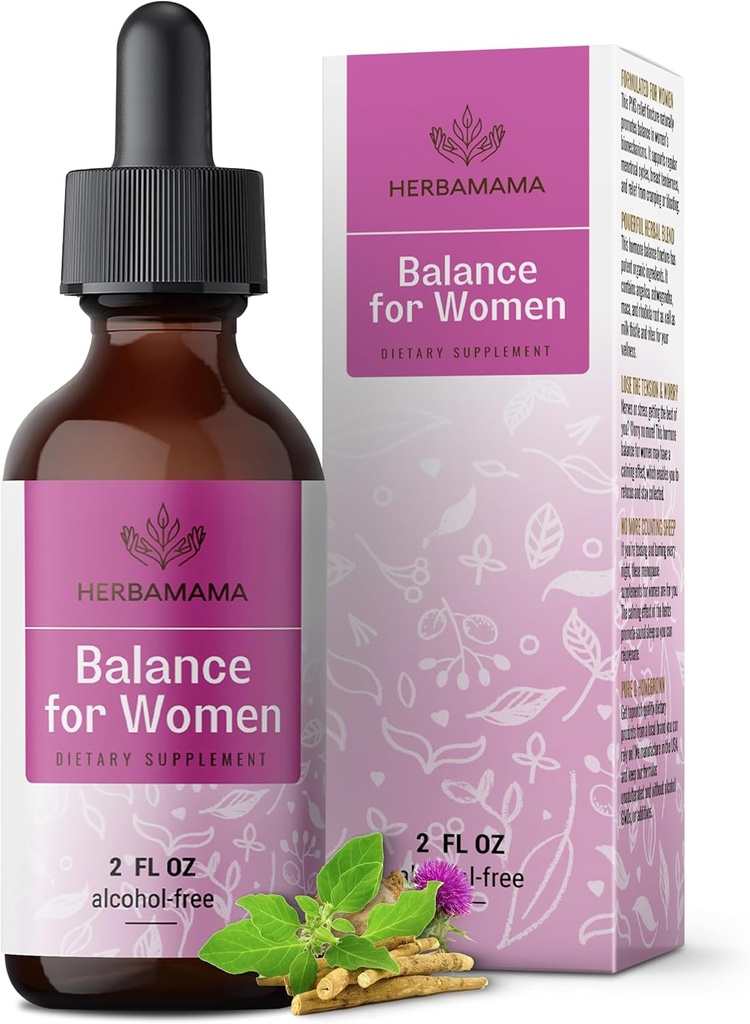 HERBAMAMA Kadınlar için Denge - Süt Butle, Vitex Berry, Angelica, Maca Root & Ashwagandha Women Supplements - Vegan, Alkol & Sugar-Free, 28-Day Supply