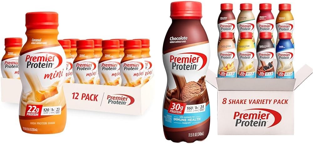 Premier Protein Shake MINIs Caramel 22g Protein 120 Calorie Pack 12 & Protein Shake 8 Flavor Variety Pack 30g Protein 24 Vitamins & Minerals