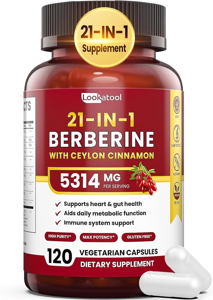 21-in-1 Berberine Supplement with Ceylon Cinnamon - 1500 mg Organik Berberine HCL Phytosome, 5X Higher Abxia for Metabolism Support 100 Capsules