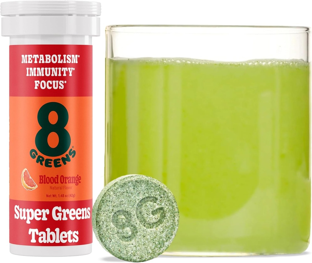 8Greens Supergreens Tabletleri | Super Greens Toz Superfood Tablet, Metabolism Immunity & Focus, Daily Greens Effervescent Tabletleri, Organik: Aloe Vera, Spirulina, Chlorella, Blood Orange, 10 Hizmetler