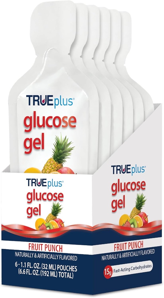 TRUEplus Glucose Gel Pouch, Fruit Punch Flavor, 15g Fast-Acting Carbohidrats, Fat Free, Gluten Free, Quick Support for Low Blood Sugar and Energy, 6 Pack