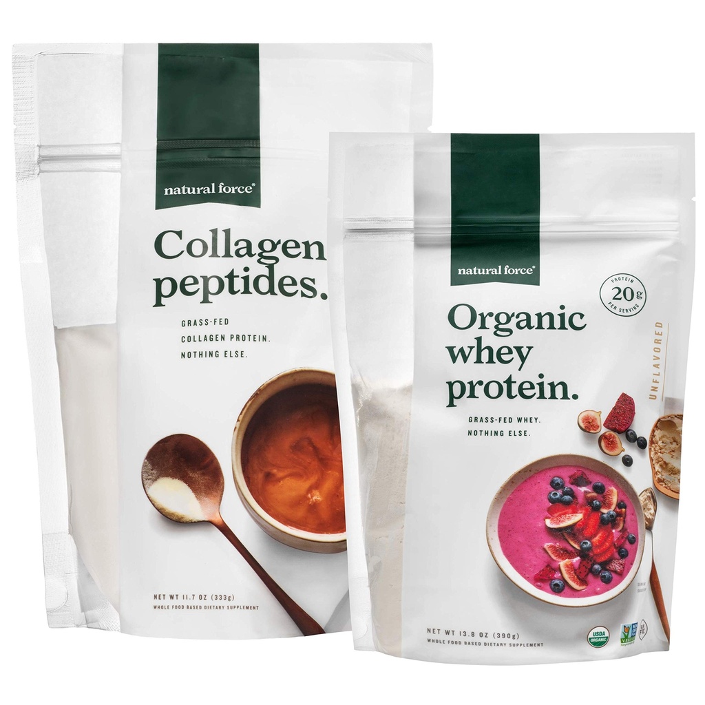 Doğal Kuvvet Temiz, Grass Fed Collagen Bag + Unflavored Organik Whey proteini - Organik, GMO Whey Protein & Hydrolyzed Type I ve III Collagen - 13.8 Ounce Bag ve 11.7 Ounce Bag