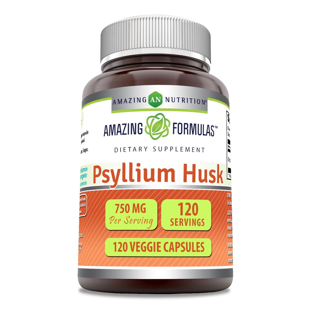 Amazing Formulas Psyllium Husk 750 mg Veggie Capsules Supplement | Non-GMO | Gluten Free | ABD'de Yapılacak | Vejetaryenler için Uygun (120)