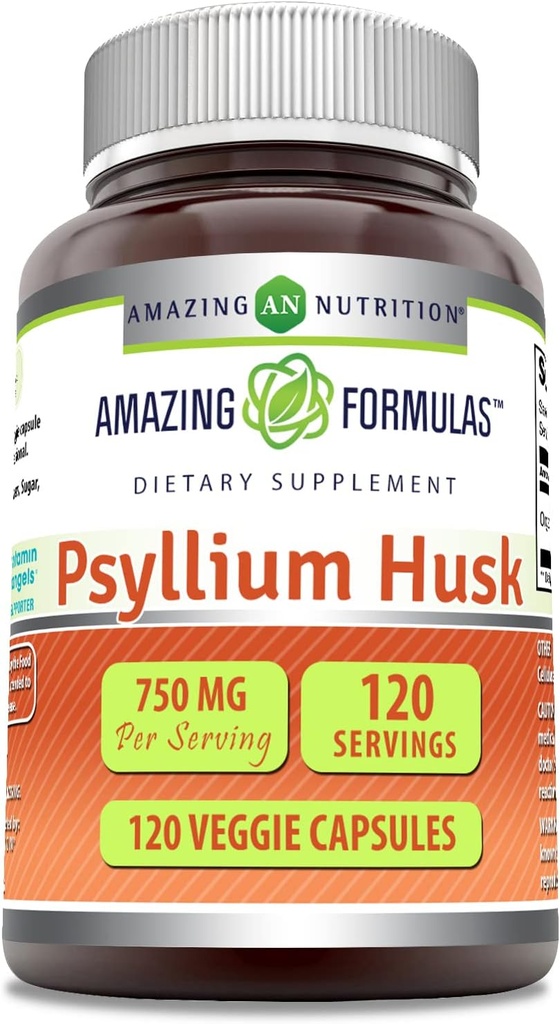 Amazing Formulas Psyllium Husk 750 mg Veggie Capsules Supplement | Non-GMO | Gluten Free | ABD'de Yapılacak | Vejetaryenler için Uygun (120)