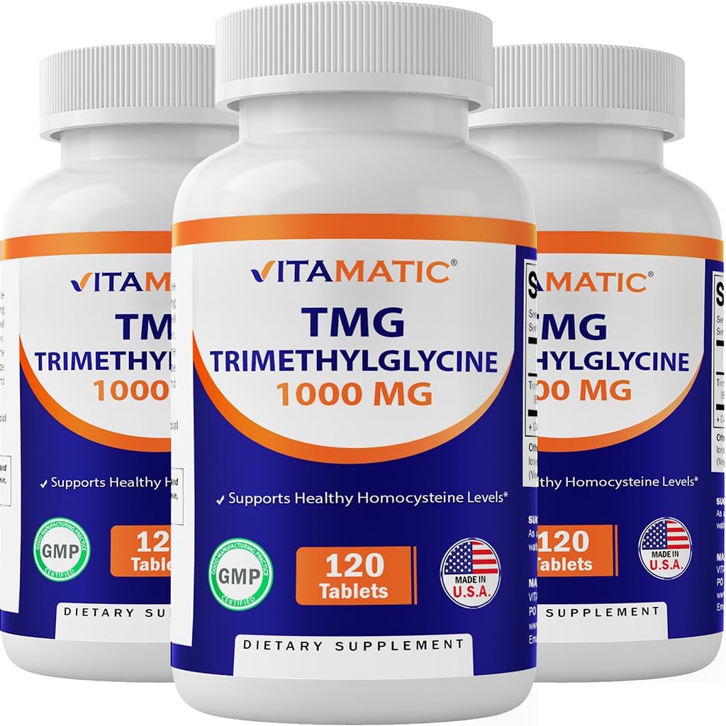 Vitamatic TMG Supplements 1000 mg - Tritilglycine - Betaine Anhidrus - 120 Tablet - 120 Hizmet - Non-GMO & Gluten Ücretsiz (3 Şişe)