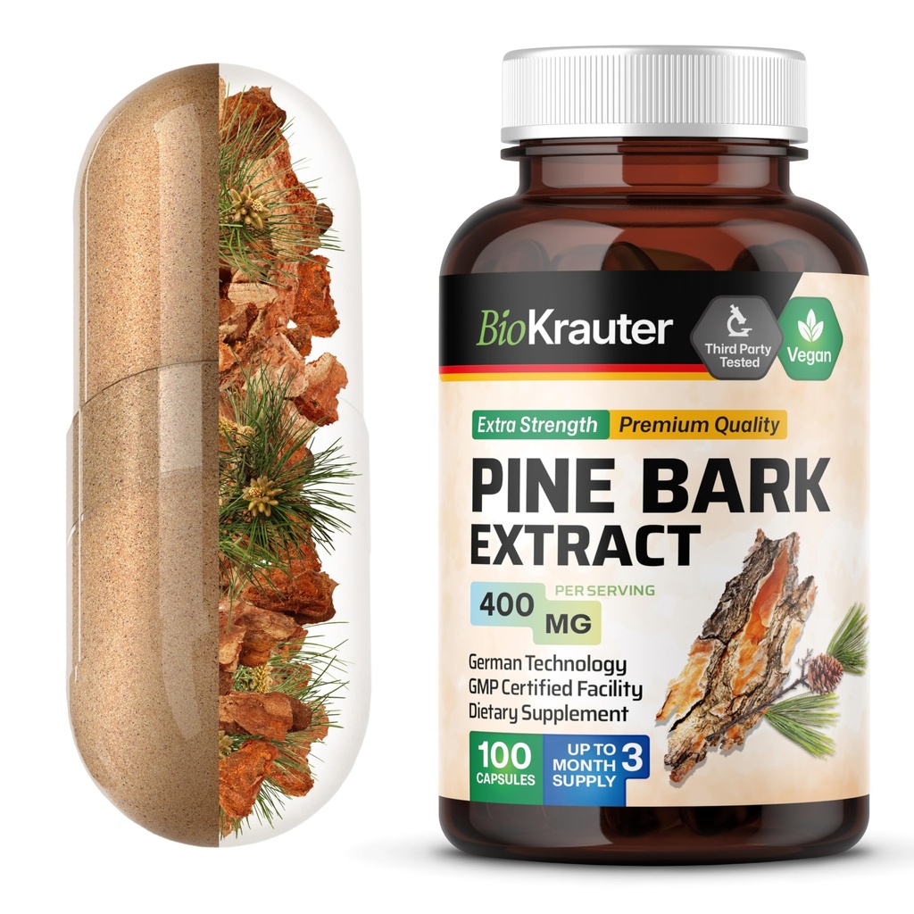 BIO KRAUTER Pine Bark Extract Capsules 400 mg - 100 Kont - Antioksi Supplement -% 95 Proanthocyanidins - Pine Bark Supplement - Vegan, No Fillers