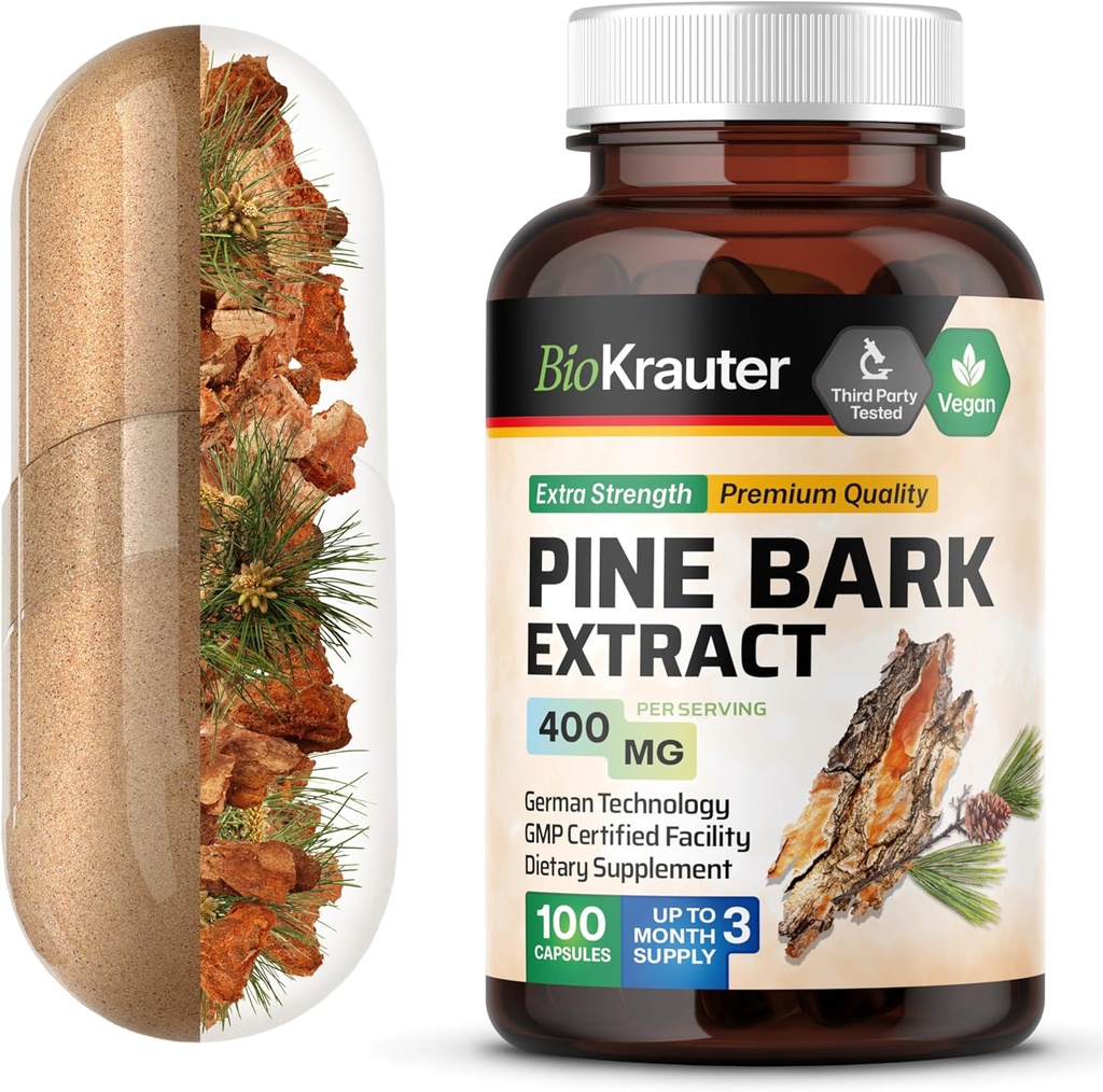 BIO KRAUTER Pine Bark Extract Capsules 400 mg - 100 Kont - Antioksi Supplement -% 95 Proanthocyanidins - Pine Bark Supplement - Vegan, No Fillers