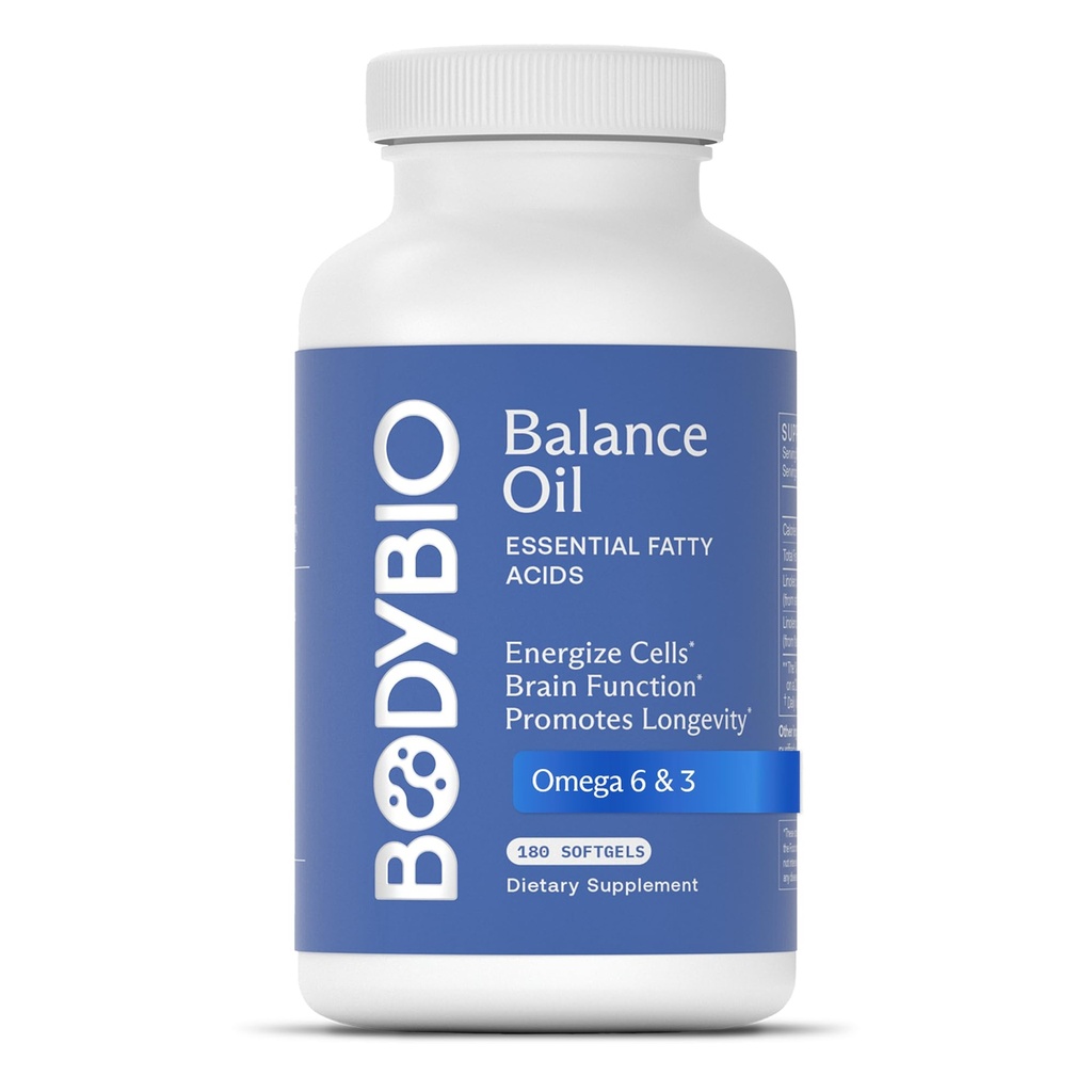 BodyBio Balance Oil - Vegan Omega 3 6 Supplement - Cold-Pressed Safflower & Flaxseed Oil - Beyin Fonksiyonlarını Destekler, Sağlıklı Cilt ve Mood
