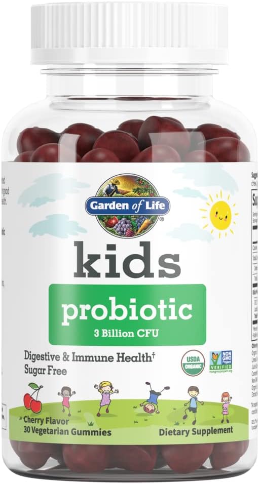 Garden of Life Kids Probiotic 3 Δισεκατομμύρια CFU, Cherry Flavor Gummies - Ζάχαρη Δωρεάν μία φορά καθημερινά προβιοτικά για παιδιά, προβιοτικά Plus Ίνες για παιδιά Digestive & ανοσοποιητική υγεία, 30 χορτοφάγους Gummies