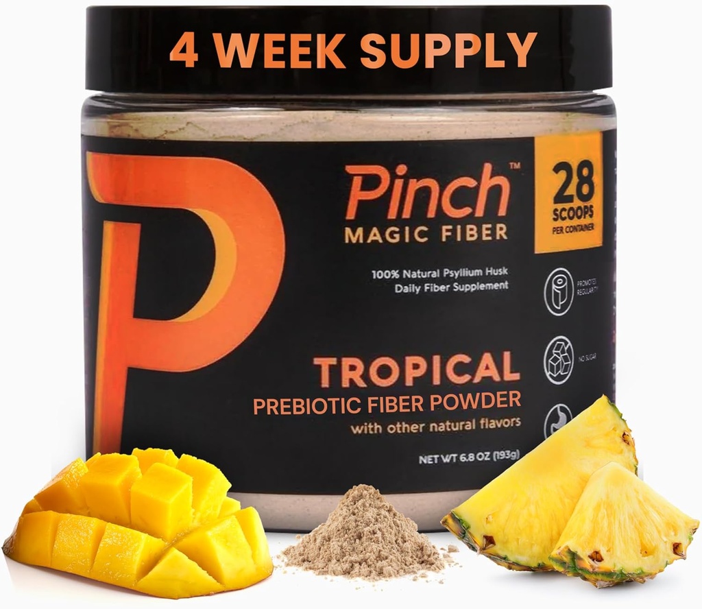 Pinch Magic Sugar Free Fiber Powder – Light Tropical Flavor Psyllium Husk with Bromelain & Vitamins C & D – Vegan, Gluten-free, Clean Label, USA-Made, GMP-Certified – 28-Day Supply