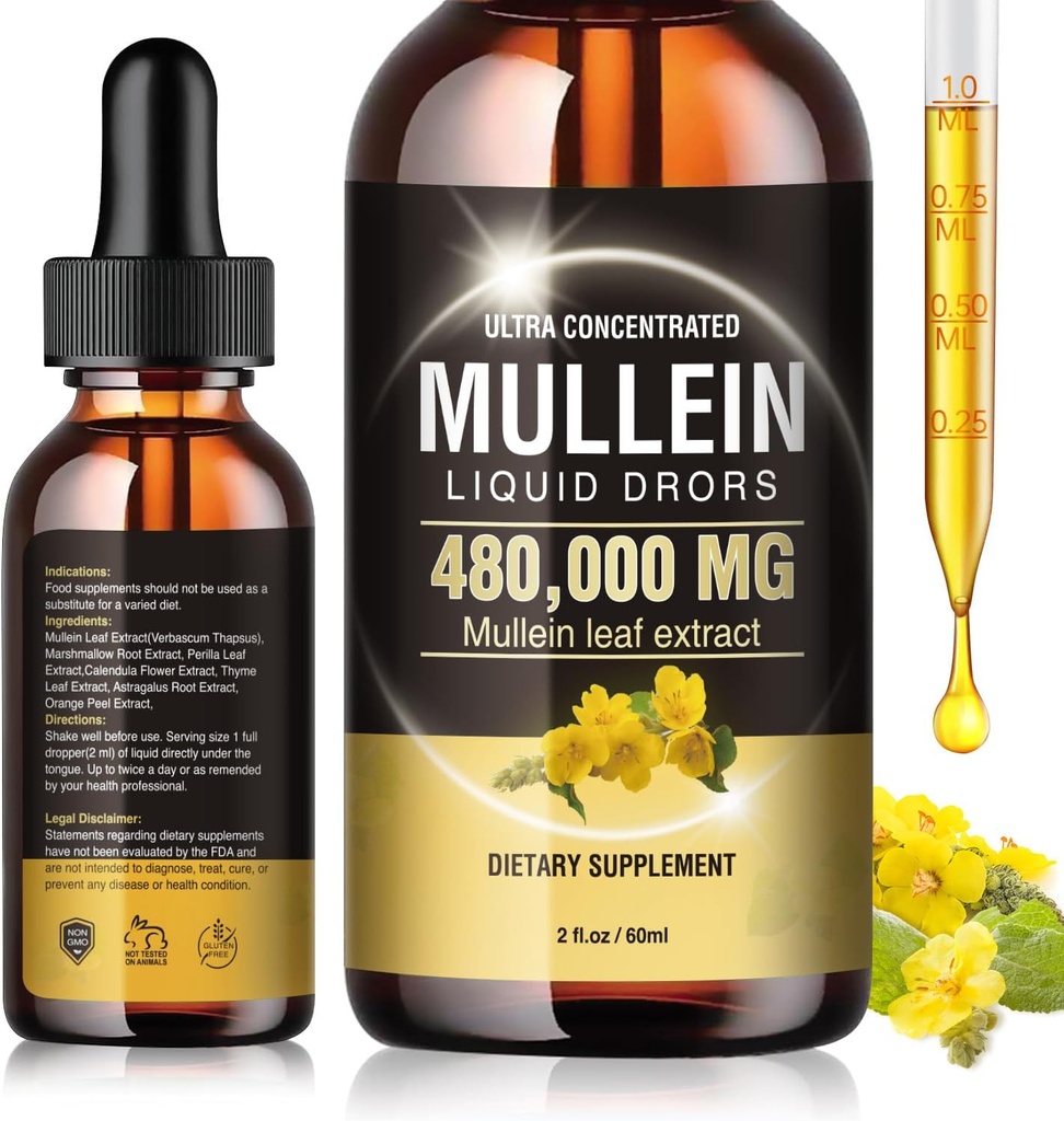 Lungs 480.000‬mg için Mullein Drops, 13 in 1 Vegan Mullein Leaf Extract 1600MG for Lung Detox & Cleanse, Respiratory, Immune Support with Marshmallow Root, Perilla and Orange Peel Non-GMO 2 Fl OZ