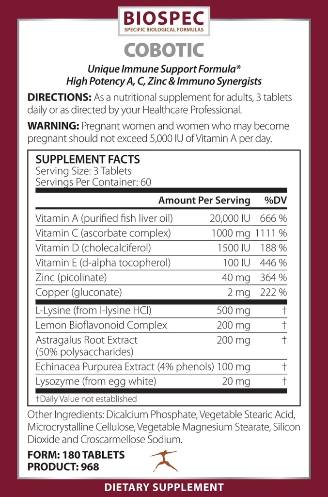BIOSPEC NUTRITIONALS Cobotic - Συμπλήρωμα υποστήριξης ανοσοποιητικών - Βιταμίνη Α, Βιταμίνη C, Βιταμίνη D, Βιταμίνη Ε, Ψευδάργυρος