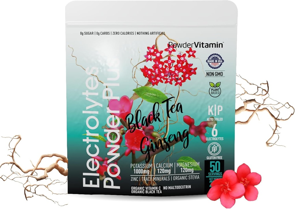 TozVitamin Electrolytes Toz Plus (50 Servisler) Black Tea Ginseng Electrolyte Toz Keto, Sugar Free, Pink Himalaya Salt,1000 mg Pyum,120 mgba,120 mg Magnezyum, Hydration Toz Toz,120 mg Magnezyum, Hydration Toz
