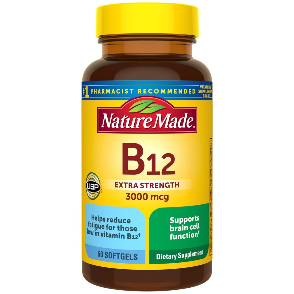 Nature Made Extra Strength Vitamin B12 3000 mcg, Συμπλήρωμα διατροφής για την υποστήριξη του μεταβολισμού ενέργειας, 60 Softgels, 60 ημέρες προσφοράς