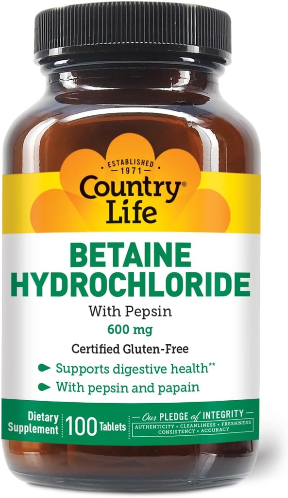 Country Life Betaine Hydrochloride με Pepsin, 600mg, 100 δισκία, Certified Gluten Free